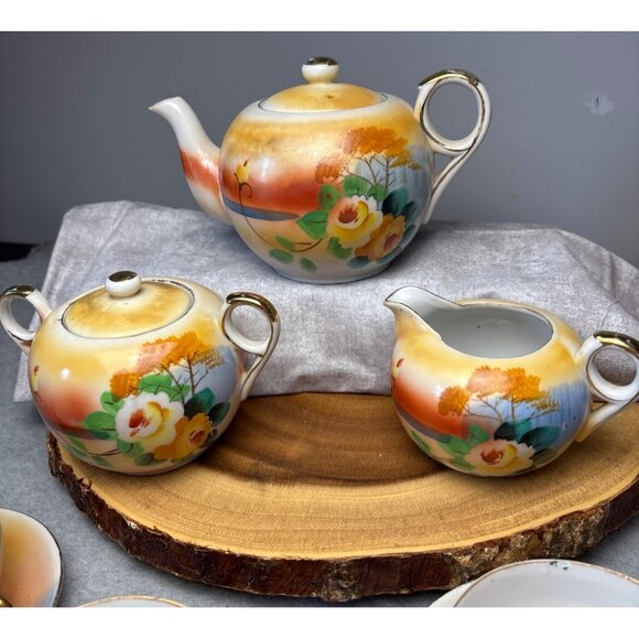 Japanese Hand-Painted Tea Set Floral Pattern - Teapot Creamer Sugar Bowl Cups & - Picture 2 of 16